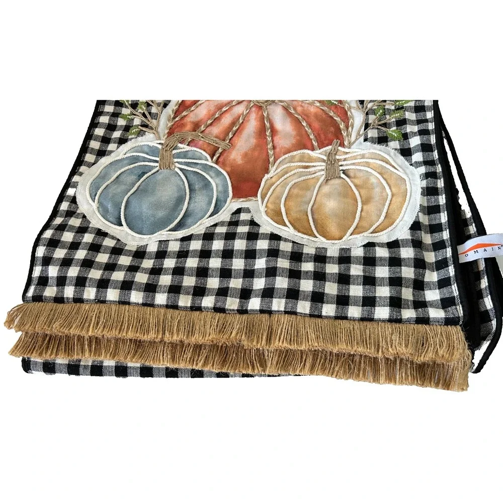 Domain Farmhouse Buffalo Plaid Pumpkin Table Runner Fall Harvest Fringe 16x73